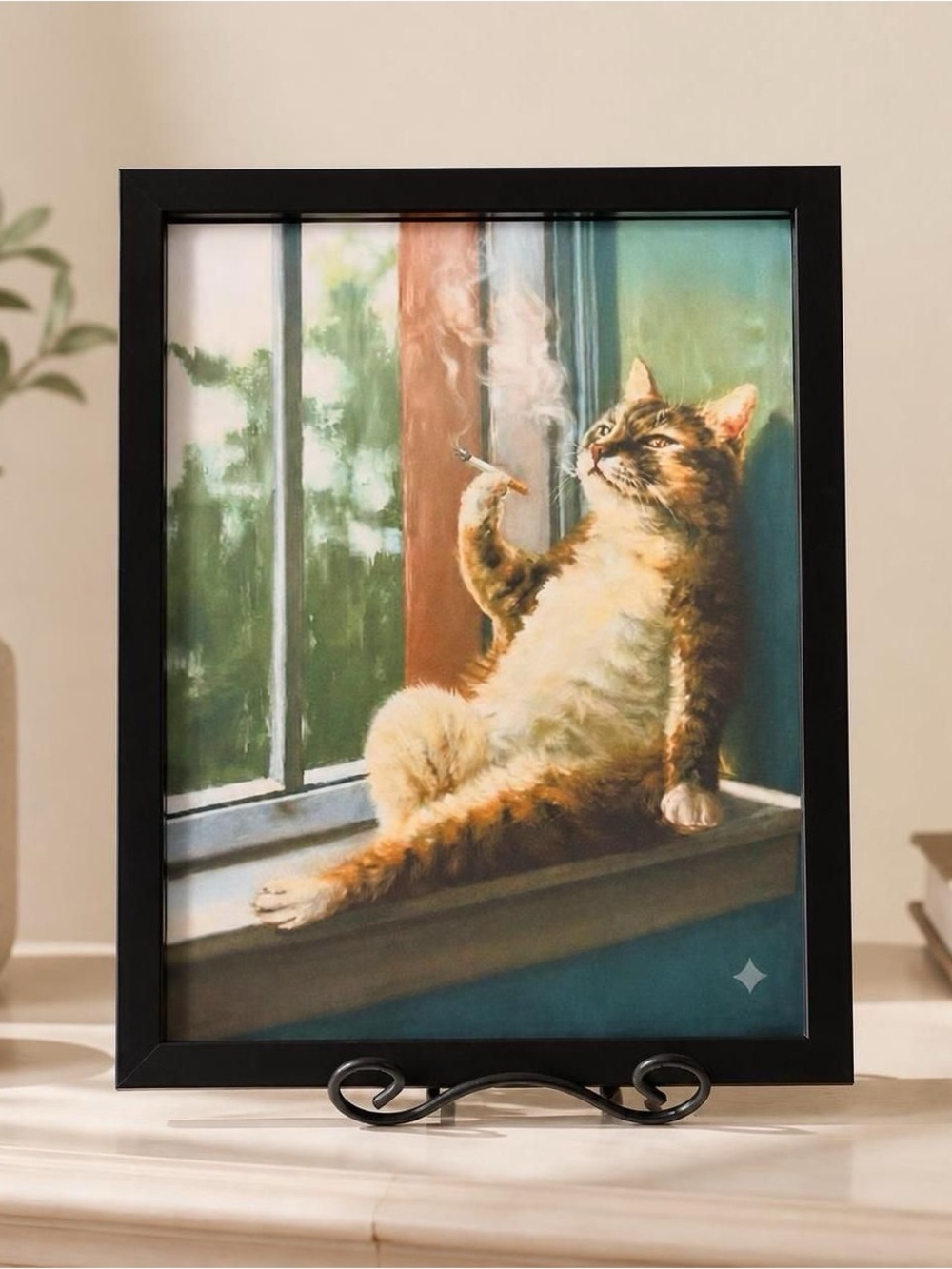 Framed 8x10 Art Print of a Cat Smoking a Cigarette